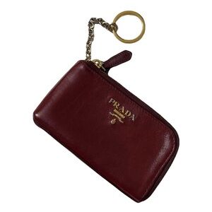 Prada AUTHENTIC Burgundy Saffiano Leather Metal Logo Keychain Coin Purse Wallet